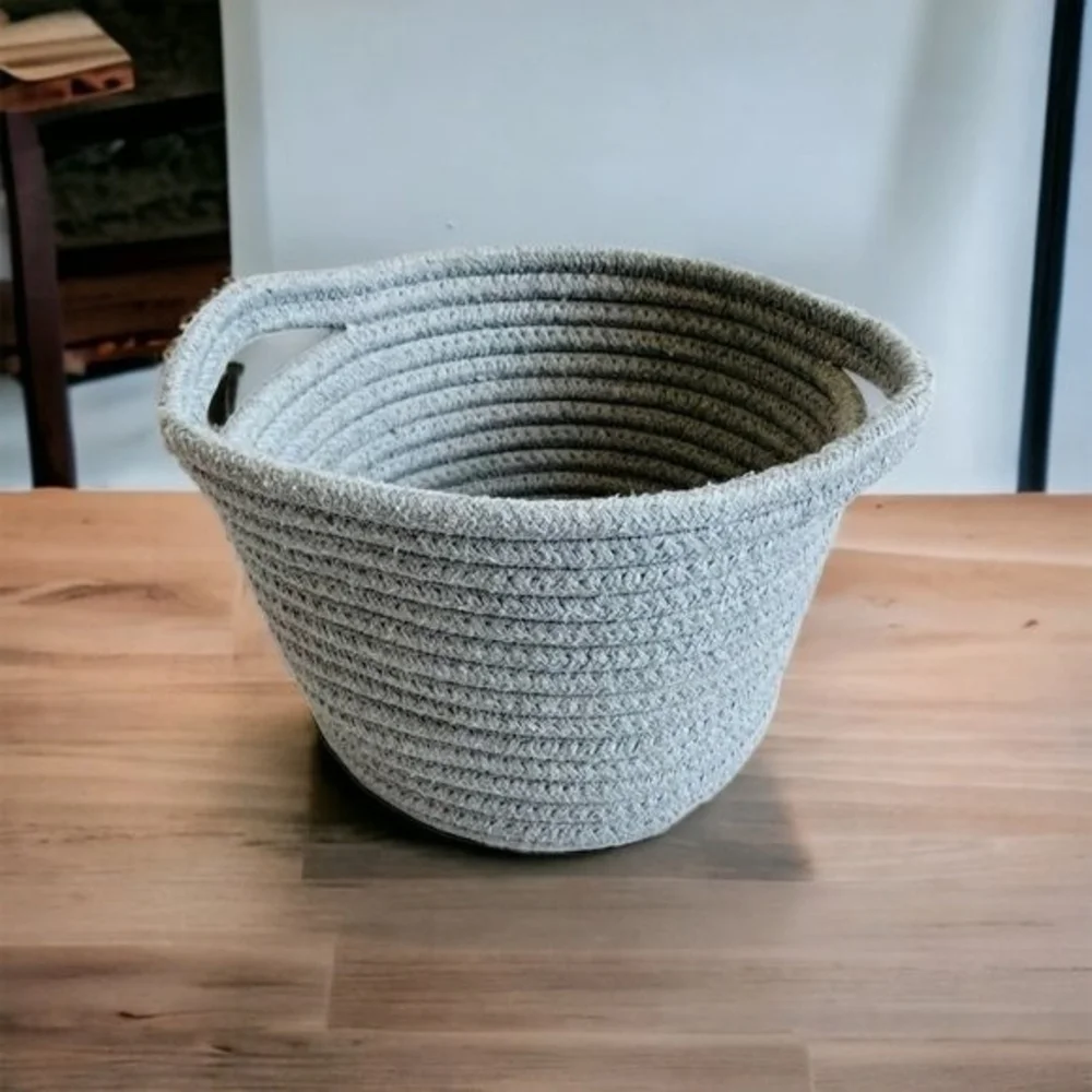 Small Round Rope Storage Basket w/ Handles Light Grey 9